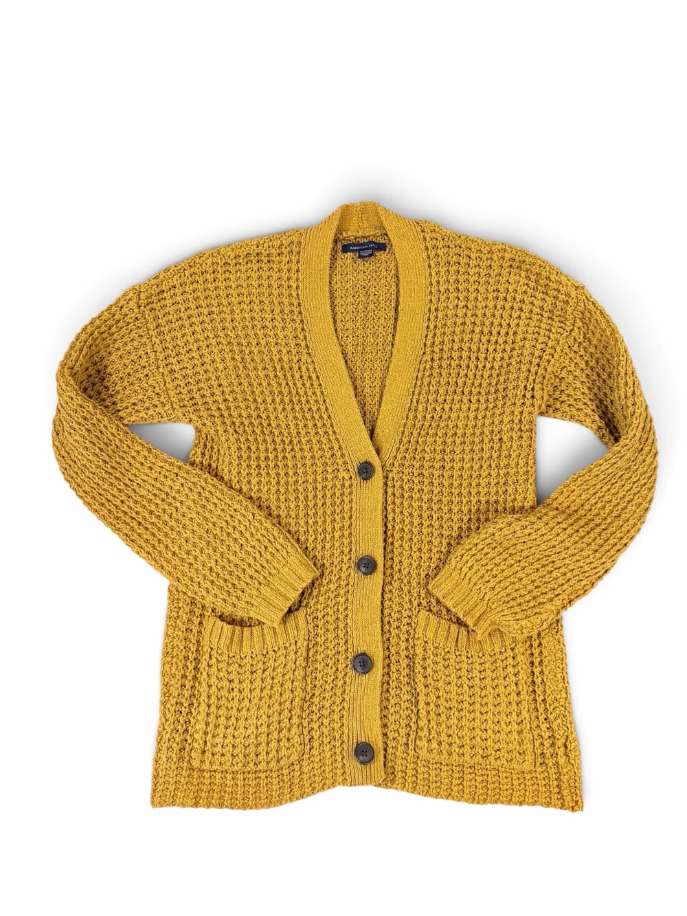 American Eagle Mustard Waffle Knit Grandpa Cardigan Oversized XS